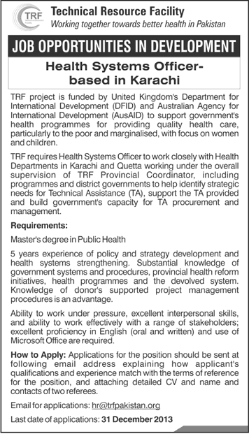 Technical Resource Facility (TRF) Pakistan Karachi Jobs 2013 December for Health Systems Officer