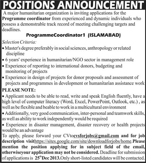 NGO Jobs in Islamabad 2013 December for Programme Coordinator