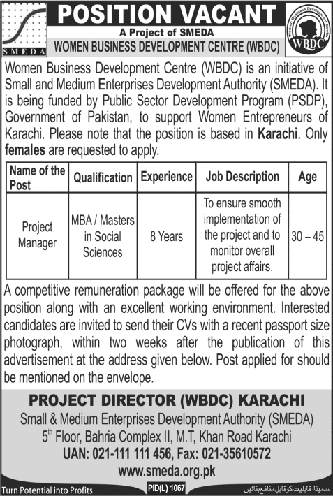 Project Manager Jobs in Karachi 2013 December at SMEDA’s Women Business Development Centre (WBDC)