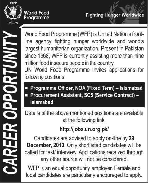 World Food Programme Pakistan Jobs 2013 December in Islamabad at United Nations