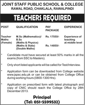 Female Teaching Jobs in Rawalpindi 2013 December at Joint Staff Public School & College