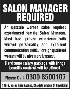 Female Salon Manager Jobs in Rawalpindi 2013 December at a Women Salon