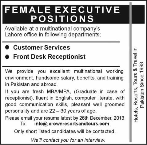 Customer Service Executives & Receptionist Jobs in Lahore 2013 December at Crown Resorts & Tours