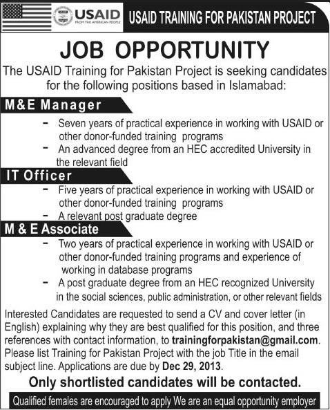 USAID Pakistan Jobs in Islamabad 2013 December for Monitroing & Evaluation Manager / Associate and IT Officer