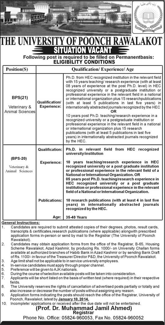 University of Poonch Rawalakot Jobs 2013 December for Veterinary & Animal Sciences