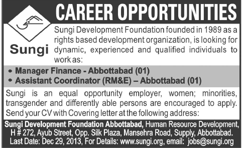 Manager Finance, Assistant Coordinator Jobs in Abbottabad 2013 December at Sungi Development Foundation