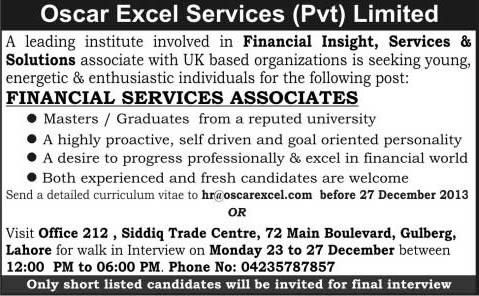 Oscar Excel Services Pvt. Limited Lahore Jobs 2013 December for Financial Services Associates