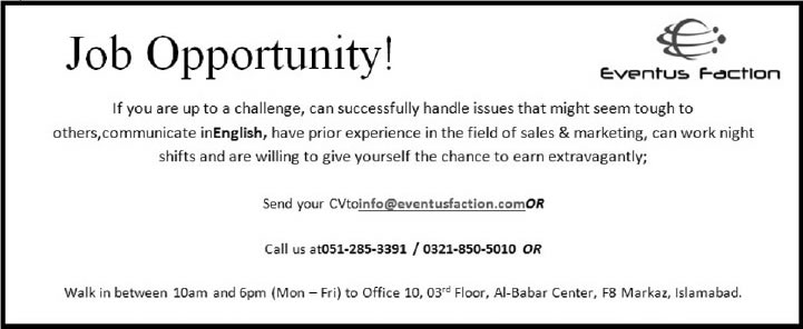 Sales & Marketing Jobs in Islamabad 2013 December at Events Faction