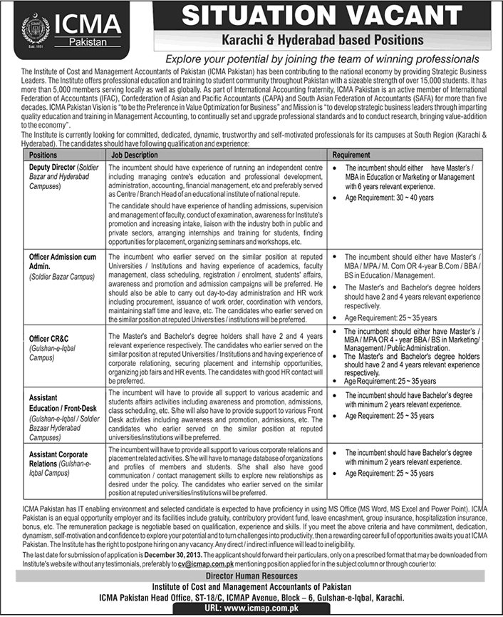 ICMA Jobs in Karachi/ Hyderabad 2013 December DD, Admin, CR&C Officer & Other Positions