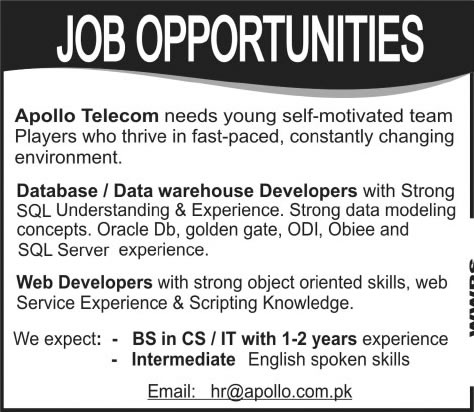 Database / Data Warehouse Developer & Web Developer Jobs in Pakistan 2013 December at Apollo Telecom