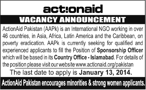 ActionAid Pakistan Jobs in Islamabad 2013 December for Sponsorship Officer