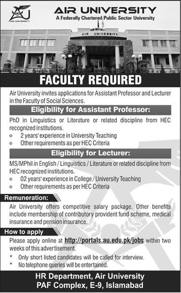 Assistant Professor & Lecturer Jobs in Islamabad December 2013 2014 at Air University