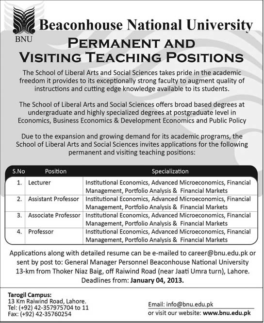 Beaconhouse National University Jobs 2013 2014 for Permanent & Visiting Teaching Faculty