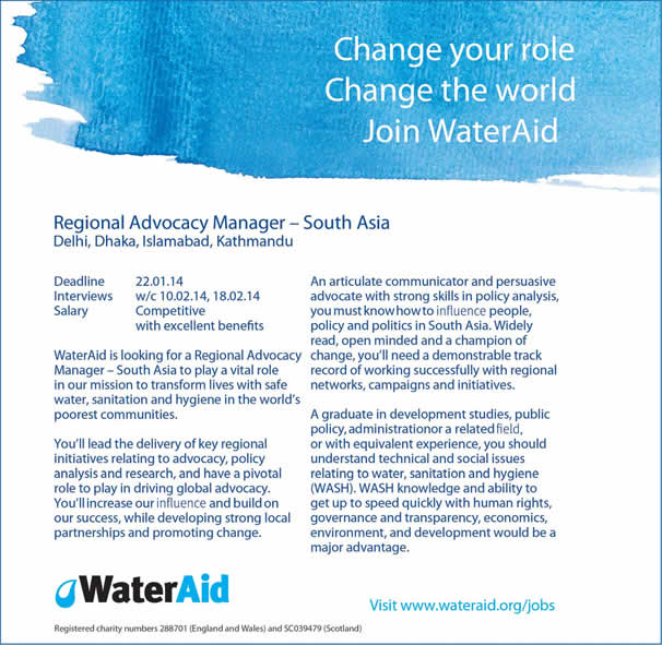 Wateraid Pakistan Jobs in Islamabad 2013 December for Regional Advocacy Manager