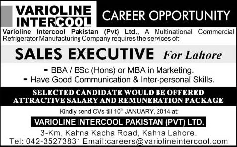 Sales Executive Jobs in Lahore 2014 at Veriolone Intercool Pakistan Pvt. Ltd