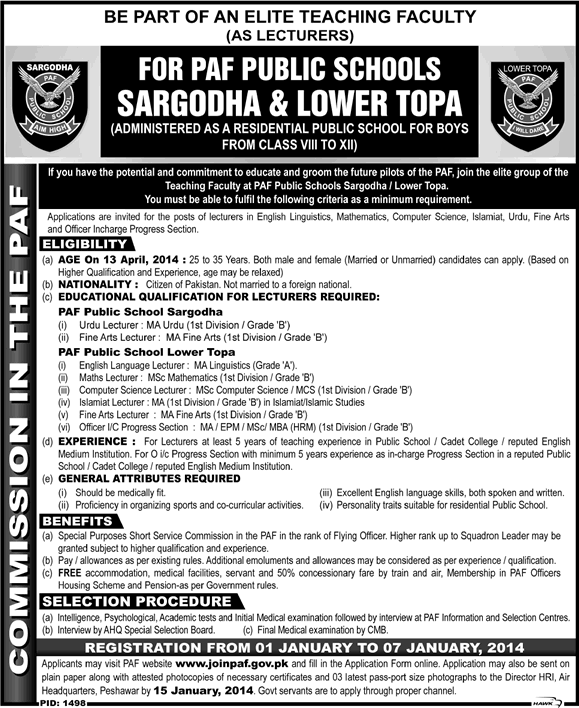 PAF Public Schools Sargodha & Lower Topa Jobs 2014 for Lecturers Latest