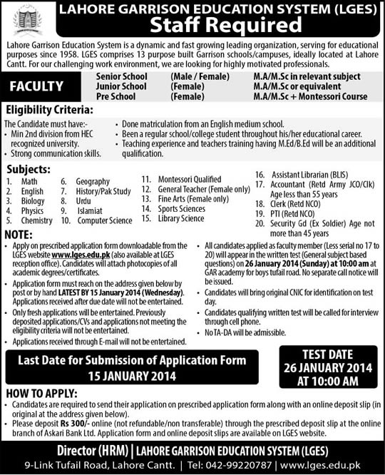 Lahore Garrison Education System Jobs 2013 December for Teaching & Non-Teaching Faculty