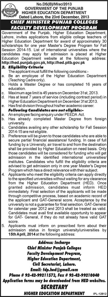 Higher Education Department Punjab Scholarships Fall 2014-15 for College Teachers for Master’s Degree Program in Overseas