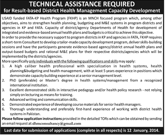 Technical Assistant / Consultant Jobs in KPK December  2013 2014 for Fata-KP Health Program