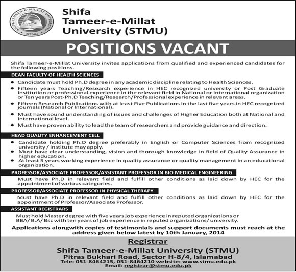 Shifa Tameer-e-Millat University Islamabad Jobs 2013 for Dean, Head of Department & Teaching Faculty