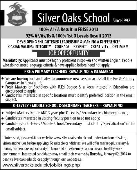 Teaching Jobs in Rawalpindi / Islamabad 2014 at Silver Oaks School