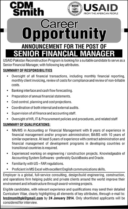 CDM Smith - USAID Pakistan Jobs 2014 for Senior Financial Manager