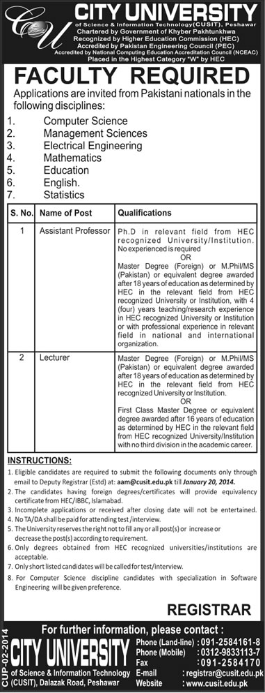 City University Peshawar Jobs 2014 for Assistant Professors & Lecturers
