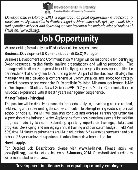 Developments in Literacy (DIL) Jobs 2014 for Business Development & Communication Manager and Master Trainer