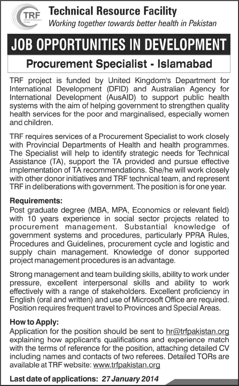 Procurement Specialist Jobs in Islamabad 2014 at TRF - Technical Resource Facility