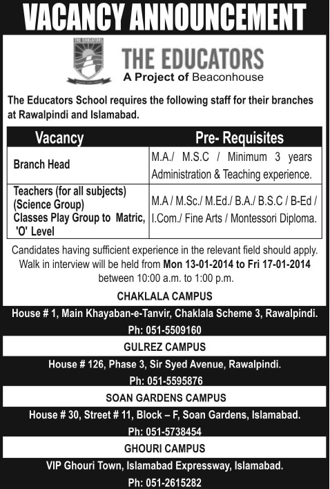 The Educators School Jobs in Rawalpindi Islamabad 2014 for Teachers & Branch Head