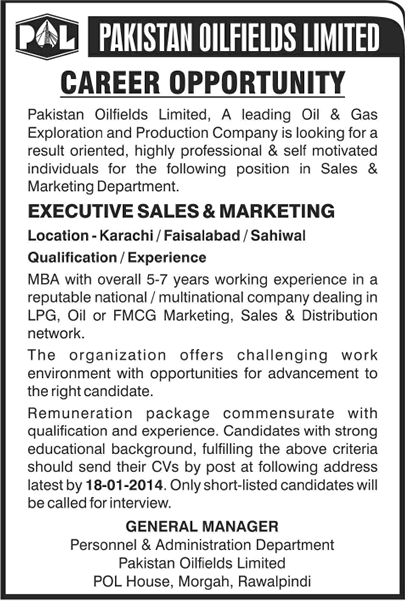 Sales & Marketing Jobs at Pakistan Oilfields Limited 2014