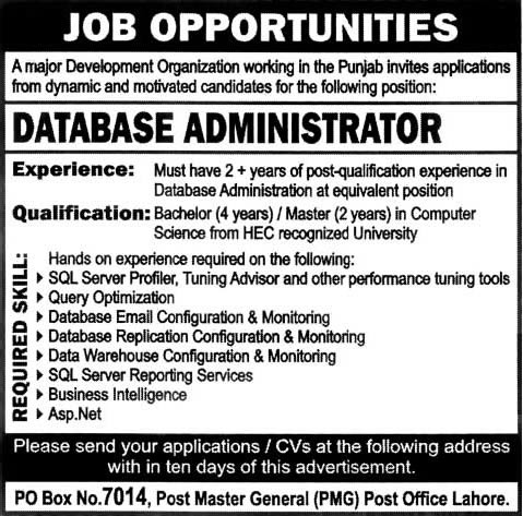 Database Administrator Jobs in Lahore 2014 at a Development Organization PO Box 7014