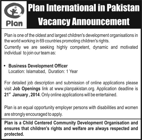Plan International Pakistan Jobs 2014 in Islamabad  for Business Development Officer