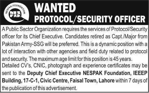 Nespak Foundation Jobs in Lahore 2014 for Protocol / Security Officer