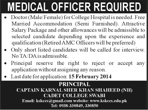 Medical Officers Jobs in Swabi 2014 at Captain Karnal Sher Khan Shaheed Cadet College