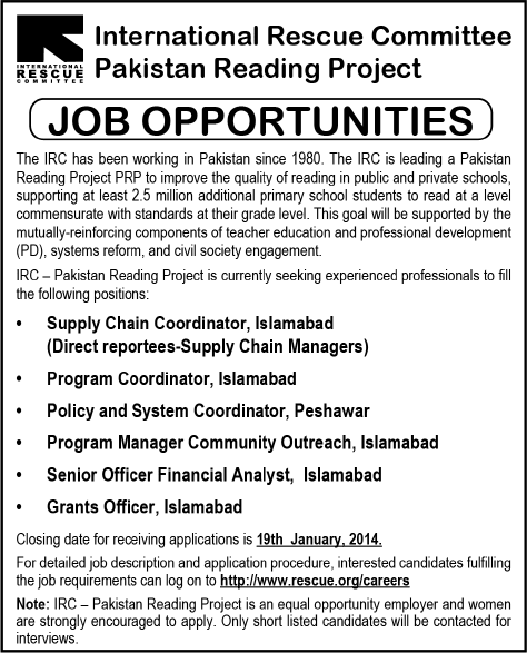 International Rescue Committee Pakistan Jobs 2014 for Pakistan Reading Project
