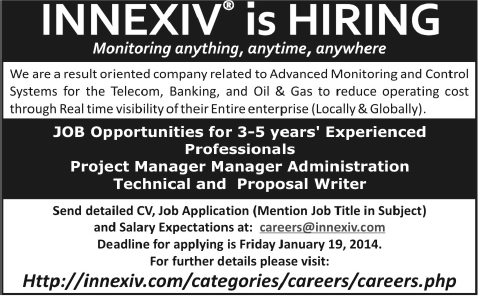INNEXIV Pvt. Ltd Jobs 2014 for Project Manager, Technical Writer & Manager Administration