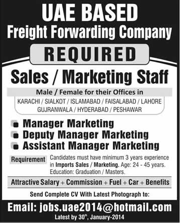 Sales and Marketing Jobs in Pakistan 2014 at Freight Forwarding Company