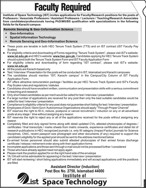 Faculty Jobs in Karachi 2014 at Institute of Space Technology