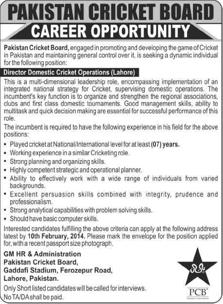 Pakistan Cricket Board (PCB) Jobs 2014 for Director Domestic Cricket Operations