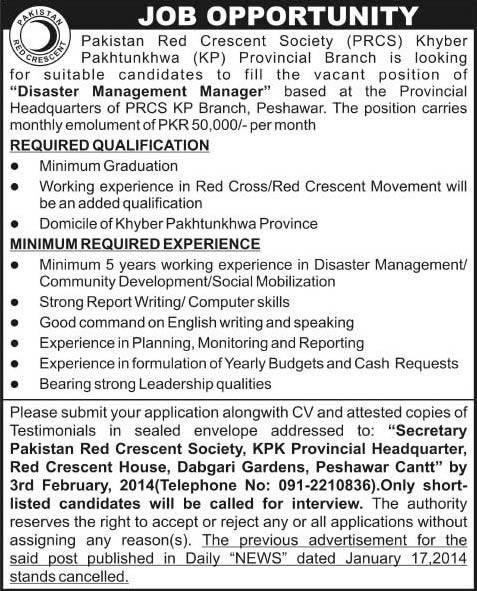 Pakistan Red Crescent Society Jobs in Peshawar 2014 for Disaster Management Manager