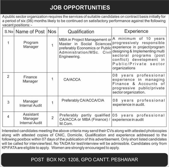 Public Sector Organization PO Box 1208 GPO Peshawar Jobs 2014