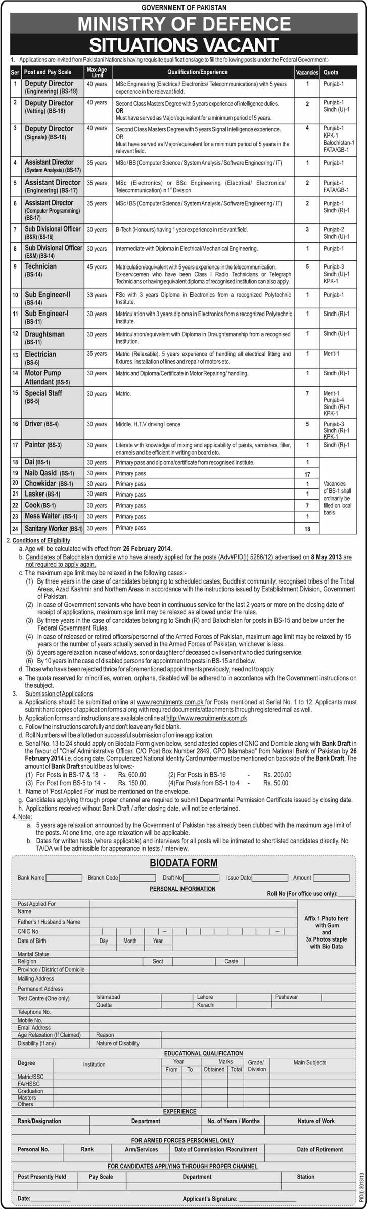 Defence Ministry Jobs 2014 Latest for Engineering, Administrative, Technical & Lower Staff