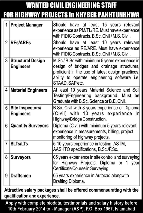 Civil Engineering Staff Jobs in Khyber Pakhtunkhwa 2014 for Highway Projects PO Box 1967
