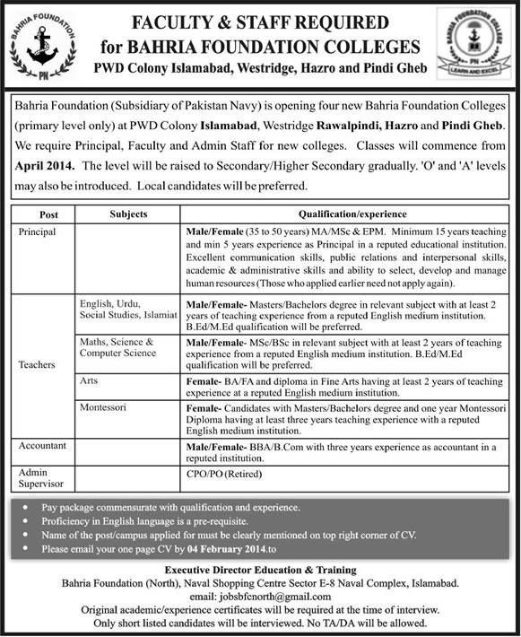 Bahria Foundation Colleges Jobs 2014 for Principal, Teachers, Accountant & Admin Supervisor