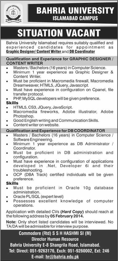 Bahria University Islamabad Jobs 2014 for Graphic Designer / Content Writer & Database Coordinator