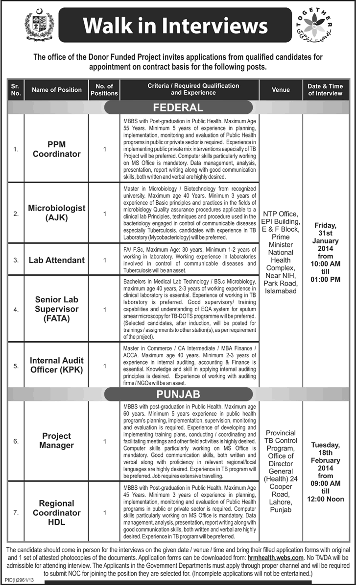 National TB Control Program Jobs 2014 NTP Walk in Interviews