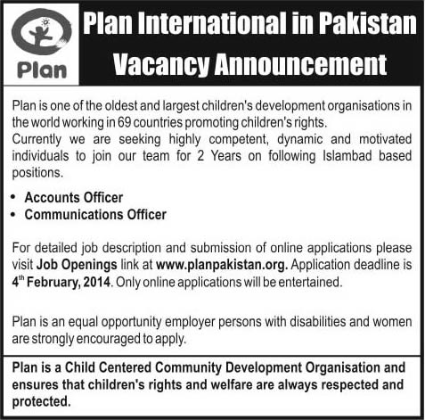 Accounts & Communication Officer Jobs in Islamabad 2014 at Plan International