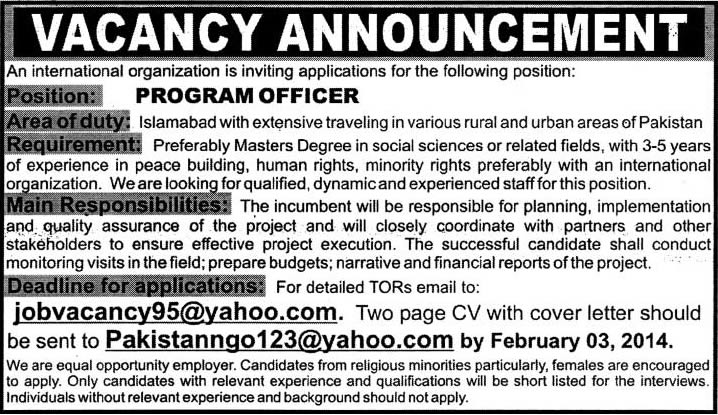 International NGO Jobs in Islamabad 2014 for Program Officer