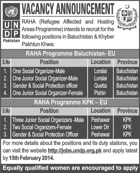 UNDP Pakistan Jobs 2014 February Latest for RAHA Programs